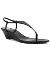 Saint Laurent Cassandre Wedge Leather Thong Sandal In Black