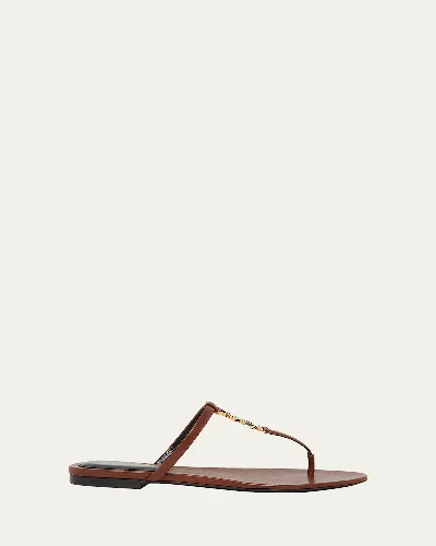 Saint Laurent Cassandra Leather Ysl Thong Sandals In Cigare