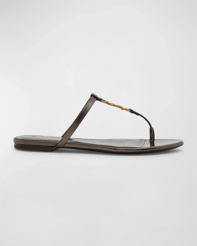 SAINT LAURENT CASSANDRA LEATHER YSL THONG SANDALS