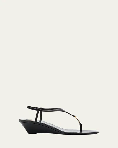 Saint Laurent Cassandra Leather Ysl Wedge Sandals In Black