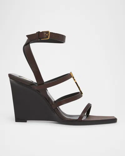 Saint Laurent Cassandra Leather Ysl Wedge Sandals In Brown