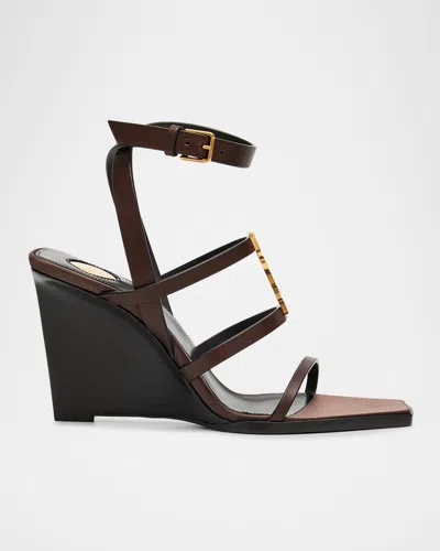 Saint Laurent Cassandra Leather Ysl Wedge Sandals In Brown