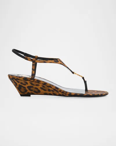 Saint Laurent Cassandra Leopard Ysl Wedge Sandals In Manto Naturale