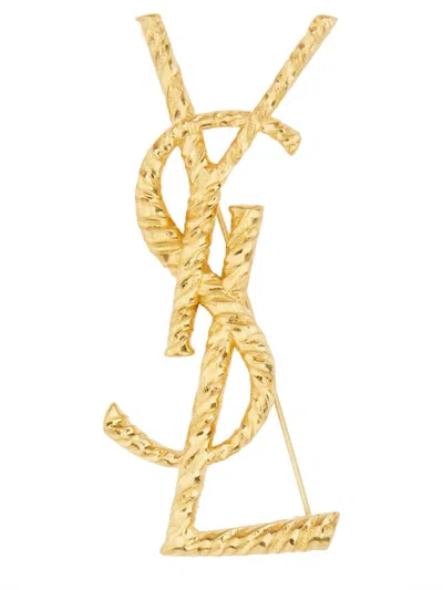 Saint Laurent Cassandra Mini Pin Brooch In Brushed Brass In Gold