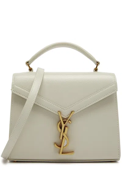 Saint Laurent Cassandra Mini Top Handle Bag, Leather Bag, White In Gold
