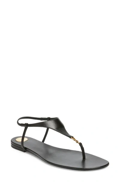 Saint Laurent Smooth Leather Cassandra Triangular Upper Flat Sandals In Black