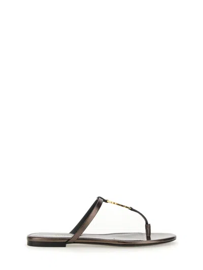 Saint Laurent Cassandra Logo-embellished Patent-leather Sandals In Metal Brown
