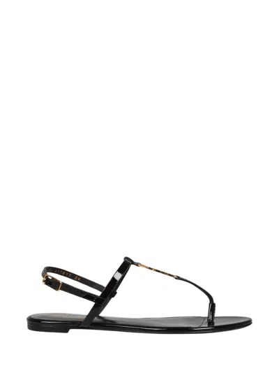 Saint Laurent Cassandra Flat Sole Open Toe Sandals Metallic Accents In Black