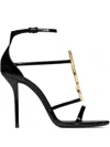 Saint Laurent Cassandra Sandals In Patent Leather With Gold-tone Monogram In Nero