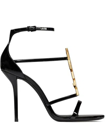 Saint Laurent Cassandra Sandals In Patent Leather With Gold-tone Monogram In Nero