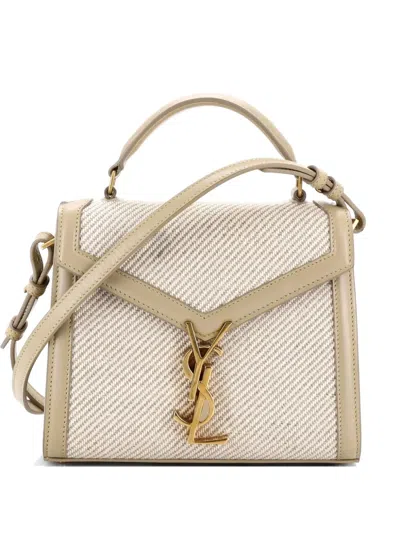 Pre-owned Saint Laurent Cassandra Top Handle Bag Canvas With Leather Mini Crossbody Bag In Neutral
