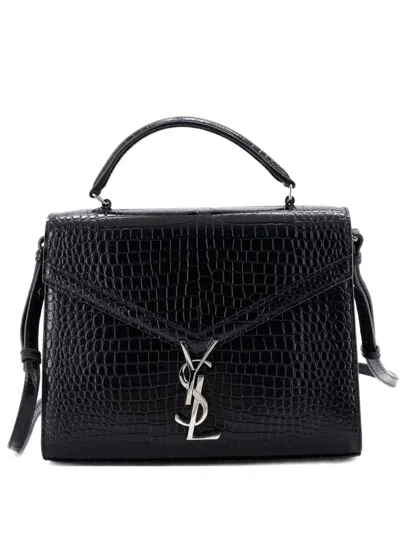 Pre-owned Saint Laurent Cassandra Top Handle Bag Crocodile Embossed Leather Medium Satchel In Black