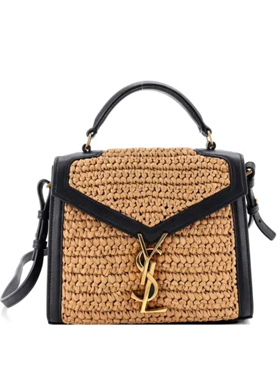 Pre-owned Saint Laurent Cassandra Top Handle Bag Raffia With Leather Mini Satchel In Black