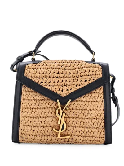 Pre-owned Saint Laurent Cassandra Top Handle Bag Raffia With Leather Mini Satchel In Black