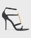 Saint Laurent Cassandra Black Leather Sandals With Logo In Nero
