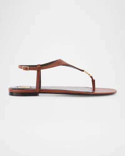 Saint Laurent Cassandra Ysl Smooth Leather Sandals In Brown