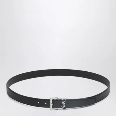 Saint Laurent Cassandre Buckle Grained Leather Belt In Black