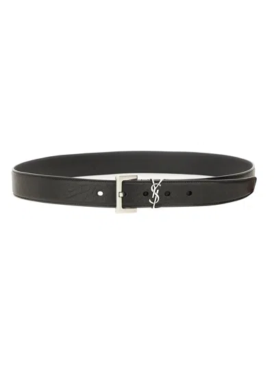 Saint Laurent Cassandre Buckle Grained Leather Belt In Black