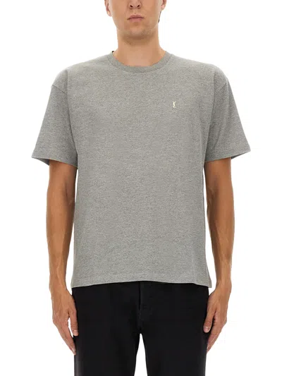 Saint Laurent Logo-embroidered Cotton T-shirt In Gray