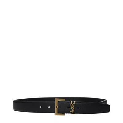 Saint Laurent Cassandre Belt Men Leather Black In White