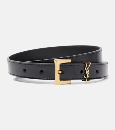 Saint Laurent Cassandre Leather Belt In Black