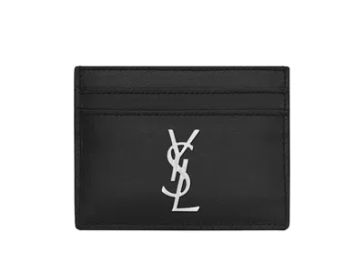Pre-owned Saint Laurent Cassandre (5 Card Slot) Card Case Silver Logo In Black