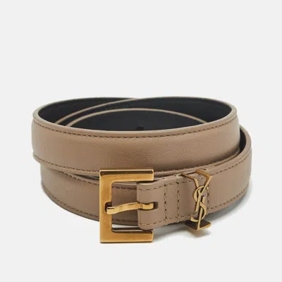 Pre-owned Saint Laurent Cassandre 70 Cm Slim Buckle Belt Beige Leather In Sand