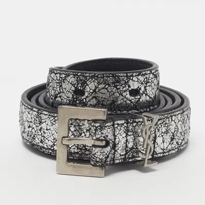 Pre-owned Saint Laurent Cassandre 80cm Buckle Belt Silver Crackle Leather