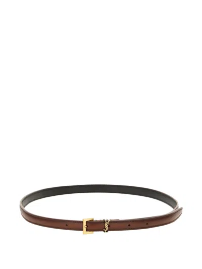 Saint Laurent Cassandre Aged-effect Leather Buckle Belt In Brown