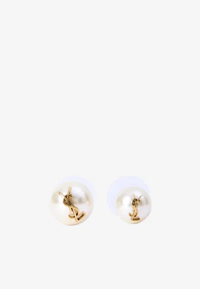 Saint Laurent Cassandre Asymmetrical Pearl Earrings In White