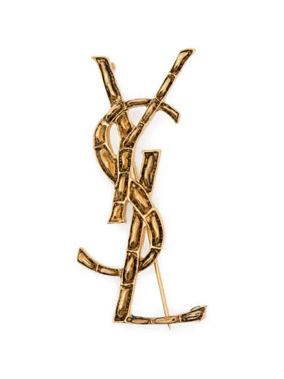 Pre-owned Saint Laurent Cassandre Bamboo-effect Brooch In Gold