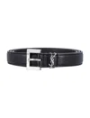 Saint Laurent Squared Buckle Smooth Leather Cassandre Thin Belt Accessories In Black