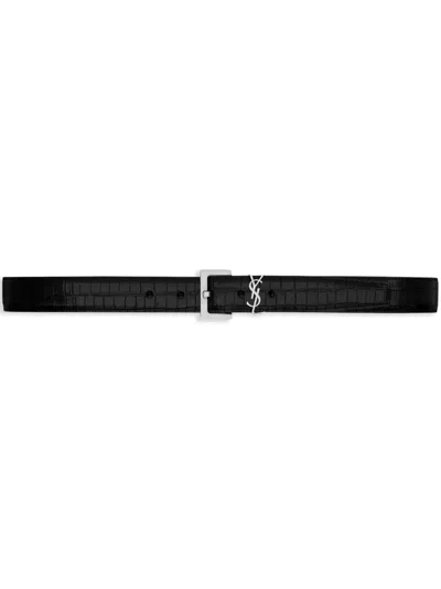 Saint Laurent Crocodile-embossed Leather Belt In Black