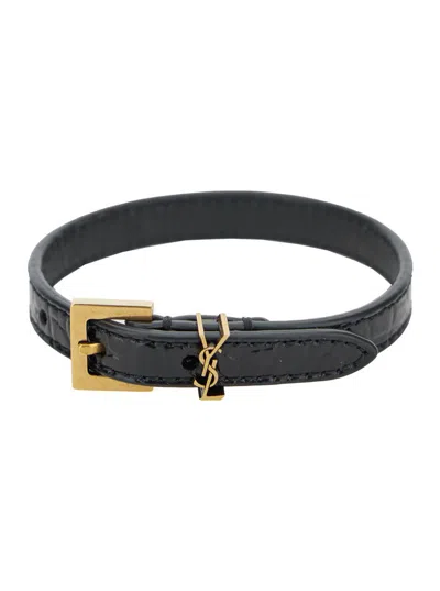 Saint Laurent Cassandre Black Belt Bracelet In Croco Printed Leather Woman In Multicolor