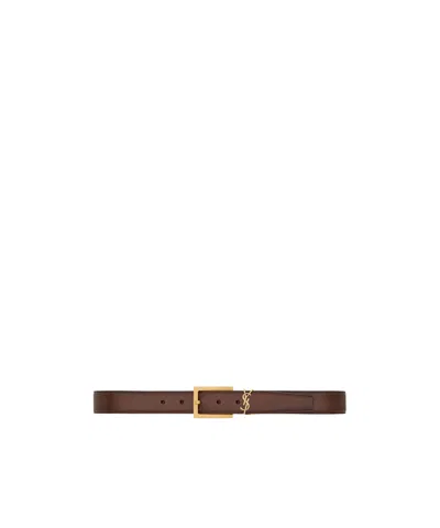 Saint Laurent Cassandre Thin Belt In Aged Leather In Brown