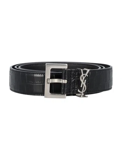 SAINT LAURENT SAINT LAURENT CASSANDRE BELT IN CROCODILE-EMBOSSED LEATHER