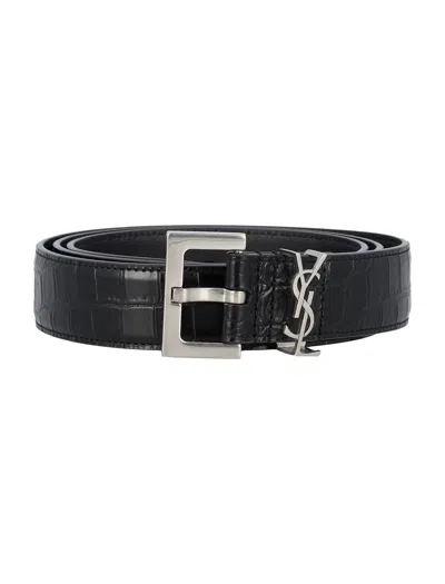 Saint Laurent Cassandre Belt In Crocodile-embossed Leather In Black