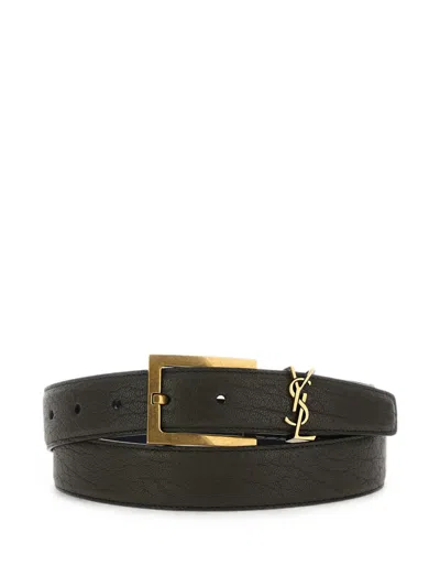 Saint Laurent Cassandre Belt In Grained Lambskin In Gray