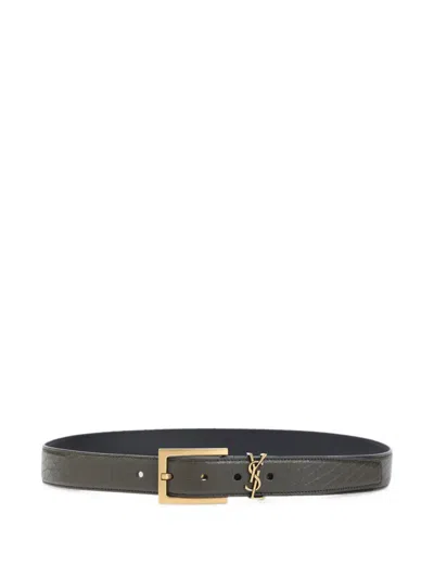 Saint Laurent Signature Belt 3 Cm Adjustable Elongated Square Buckle In Gray