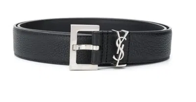 Saint Laurent Cassandre Belt In Grained Leather In Black