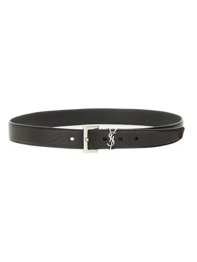 Saint Laurent Cassandre Belt In Lambskin In Black