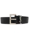 Saint Laurent Squared Buckle Smooth Leather Cassandre Thin Belt Accessories In Black