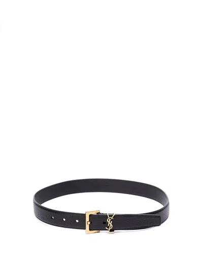 Saint Laurent `cassandre` Belt With Square Buckle In Black  