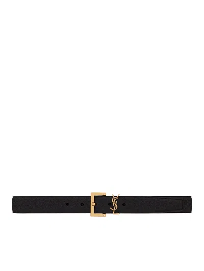 SAINT LAURENT CASSANDRE BELT WITH SQUARE BUCKLE IN HAMMERED LEATHER