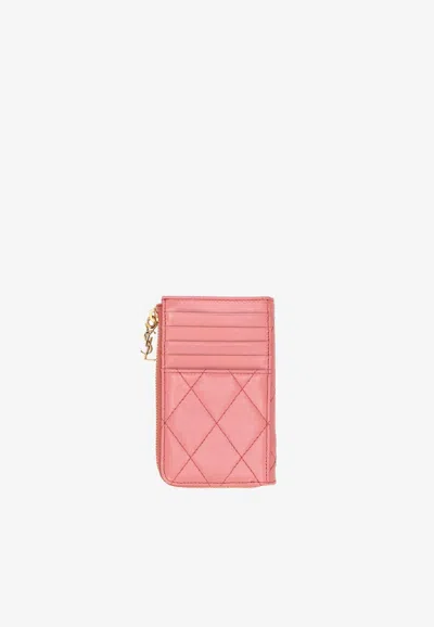Saint Laurent Cassandre Bijou Leather Zip Cardholder In Pink