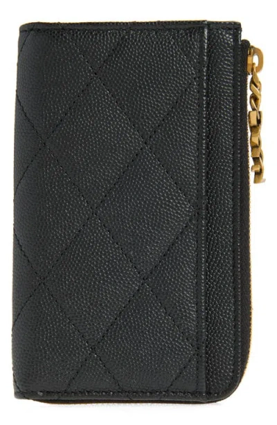 Saint Laurent Cassandre Bijou Matelassé Grain De Poudre Leather Zip Card Case In Black