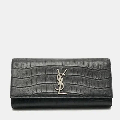 Pre-owned Saint Laurent Cassandre Black Croc Embossed Leather Clutch