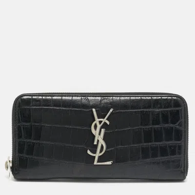 Pre-owned Saint Laurent Cassandre Black Croc Embossed Leather Zip Around Wallet