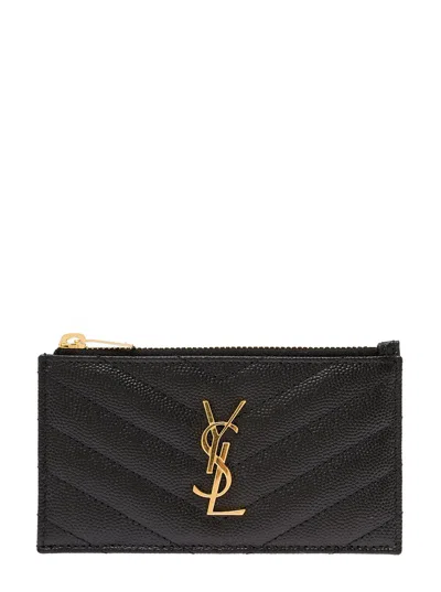 Saint Laurent 'cassandre' Black Embossed Card Holder With Zip And Logo In Leather Woman Saint Lauren In Multicolor