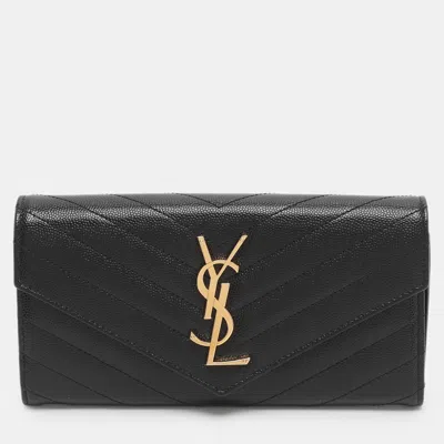 Pre-owned Saint Laurent Cassandre Black Matelassé Leather Flap Wallet